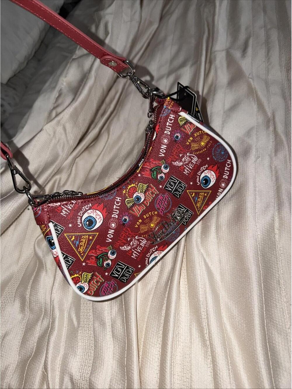 Von Dutch eye Red Jax Shoulder Bag w/Vibrant Y2K Graphics & Bag Charms NWT RARE